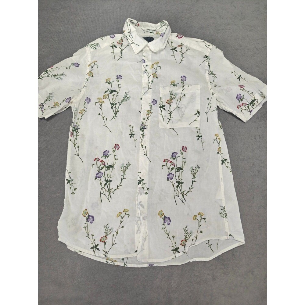 H&M Men’s XS White Floral Button Up Shirt 100% Cotton Short Sleeve Regular Fit